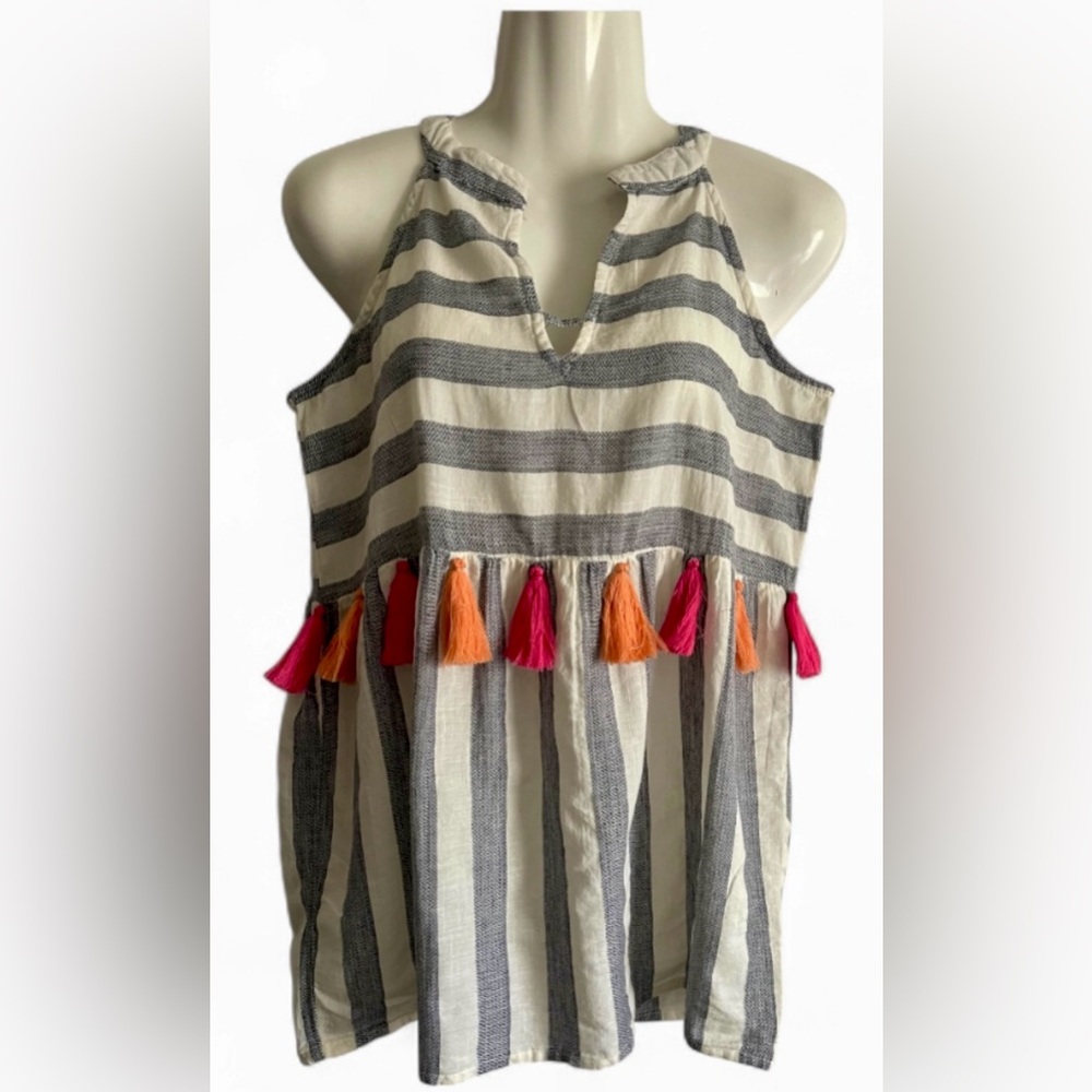 THML Gray and White Striped Tank with Pink and Orange Tassels